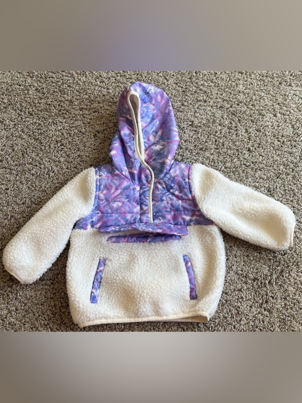1 Madison Cream Sherpa Hoodie with Purple Tie-Dye Panels